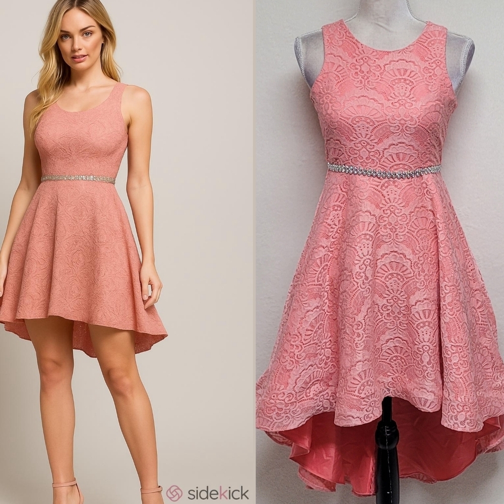 Vintage 90s Shimmery Peach Lace Crystal Embellished Belt Hi-Low Mini Dress XS